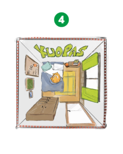 Kilpailija nro 4 Ylhäältä kuvattu asunnon huone neliön mallisessa merkissä. Oikealla on ikkuna, vasemmalla seinällä on tauluja ja niiden alla sänky, jossa makoilee oranssi kissa. Seinällä lukee Kuopas. Contestant No. 4 A square-shaped room in an apartment, photographed from above. There is a window on the right, paintings on the left wall, and a bed underneath them, on which an orange cat is lying. The word "Kuopas" is written on the wall.