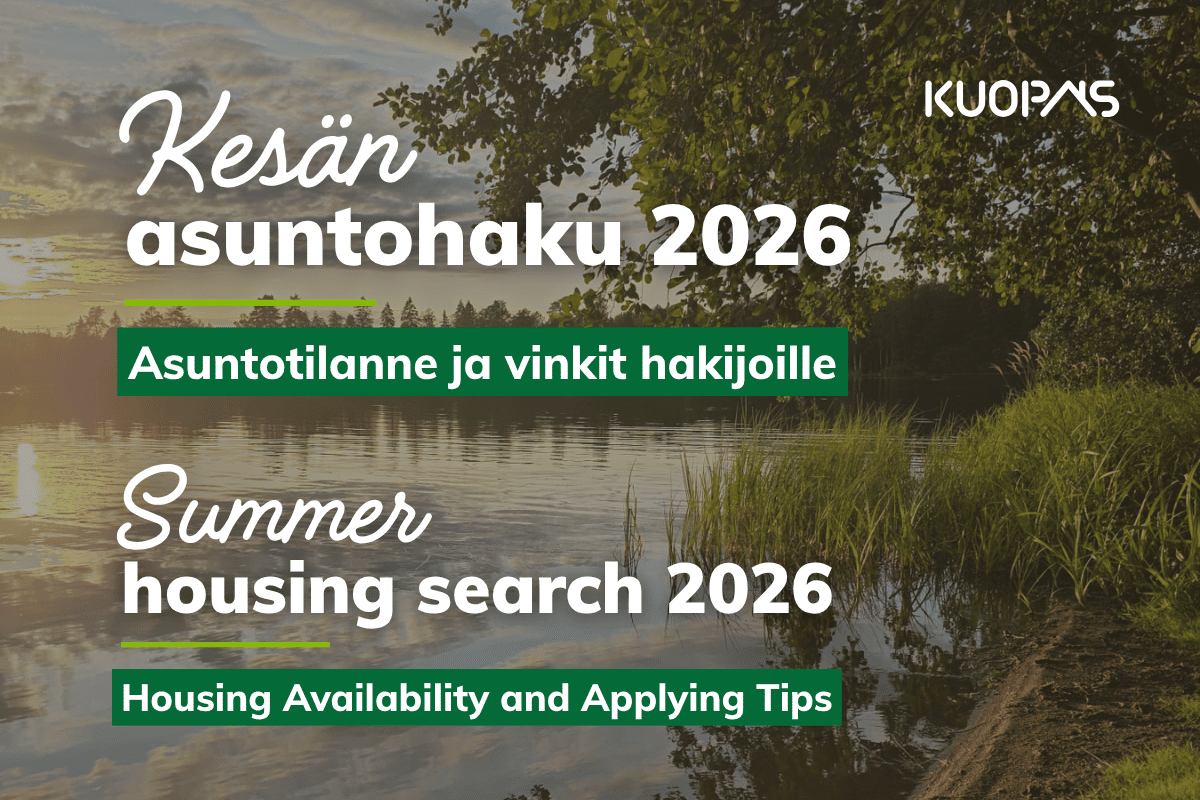 Kesäinen järvimaisema. Kuvassa teksti "Kesän asuntohaku 2026 – Asuntotilanne ja vinkit hakijoille" sekä englanniksi "Summer housing search 2026 – Housing Availability and Applying Tips". Summer lakeside scenery with text: "Kesän asuntohaku 2026 – Asuntotilanne ja vinkit hakijoille" and "Summer housing search 2026 – Housing Availability and Applying Tips".