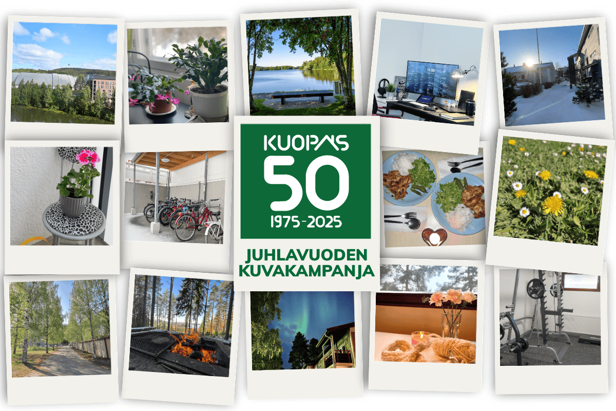 Kuvakollaasi Kuopaksen 50-vuotisjuhlavuoden kuvakampanjasta. Keskellä vihreä Kuopas 50 vuotta -logo ja teksti 'Juhlavuoden kuvakampanja'. Reunoilla opiskelijoiden ottamia valokuvia, joissa näkyy maisemia, kasveja, ruokaa, pyöriä, kuntosali, neulomista, opiskelupiste ja vuodenaikojen vaihtelua Kuopiossa. A collage of images from Kuopas's 50th anniversary image campaign. In the center is the green Kuopas 50 Years logo and the text 'Anniversary Photo Campaign'. Around the edges are photographs taken by students showing landscapes, plants, food, bicycles, the gym, knitting, the study center, and the changing seasons in Kuopio.