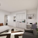 3D-kuva Savilahden Tornin yksiöstä: keittotila, työpiste ja sänky samassa avarassa huoneessa. Vaalea ja moderni ilme. 3D image of a studio apartment in Savilahti Tower: kitchenette, workspace, and bed in one open room. Bright and modern look.
