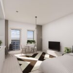 3D-kuva Savilahden Tornin yksiöstä: Yksiön olohuone ja ruokailutila; isot ikkunat, pyöreä pöytä, televisio ja sänky samassa tilassa. 3D image of a studio apartment in Savilahti Tower: living and dining area with large windows, a round table, TV, and bed in one space.