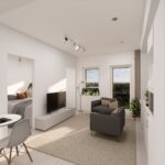 3D-kuva Savilahden Tornin kaksiosta: Olohuone ja makuuhuoneen näkymä; erillinen makuualkovi, kaksi nojatuolia ja televisio avarassa huoneessa. 3D image of a two-room apartment in Savilahti Tower: view of the living room and separate sleeping alcove with two armchairs and a TV in a spacious room.