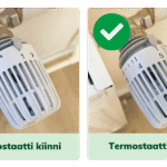 Kaksi kuvaa patteritermostaatista. Vasemmalla termostaatti on kiinni ja merkitty punaisella rastilla. Oikealla termostaatti on auki ja merkitty vihreällä oikein-merkillä.