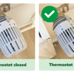 Two photos of a radiator thermostat. On the left, the thermostat is closed and marked with a red cross. On the right, the thermostat is open and marked with a green check mark.