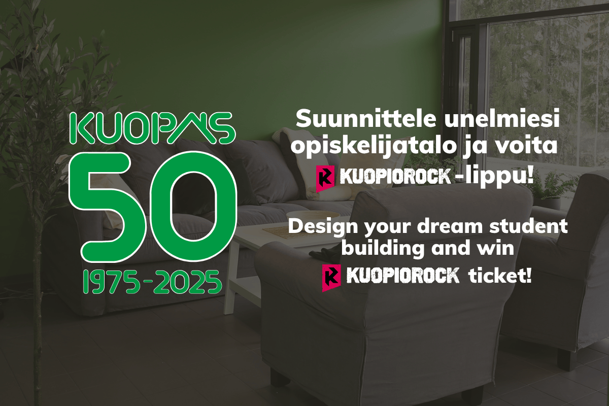 Kuopaksen juhlavuoden 50v-logo sekä kilpailuteksti: "Suunnittele unelmiesi opiskelijatalo ja voita Kuopiorock-lippu!" Taustalla näkyy opiskelijatalon yhteistila, jossa on vihreä seinä, harmaa sohva ja iso ikkuna. Kuopas 50th anniversary logo and competition text: "Design your dream student building and win a Kuopiorock ticket!" In the background, a student building's common area with a green wall, grey sofa, and large window.