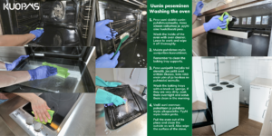 Kuopas Muuttosiivous Move-out cleaning Uunin peseminen / Washing the oven 1. Pese uuni sisältä uuninpuhdistusaineella. Anna aineen vaikuttaa ja pyyhi aine huolellisesti pois. Wash the inside of the oven with oven cleaner. Leave to work and wipe it off thoroughly. 2. Muista puhdistaa myös uunipeltien kannattimet. Remember to clean the baking tray supports. 3. Pese uunipellit harjalla tai sienellä. Jos pellit ovat erittäin likaisia, liota niitä ensin yön yli ja hankaa ne puhtaaksi aamulla. Wash the oven racks with a brush or sponge. If they are very dirty, soak them overnight and scrub them clean in the morning. 4. Vedä uuni asennus-paikaltaan ja puhdista myös ulkopuolelta. Pyyhi myös lieden pinta. Pull the oven out of its place and clean the outside as well. Also wipe the surface of the stove.