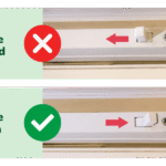 Two photos of a window replacement air valve. In the top image, the valve is closed and marked with a red cross. In the bottom image, the valve is open and marked with a green check mark.